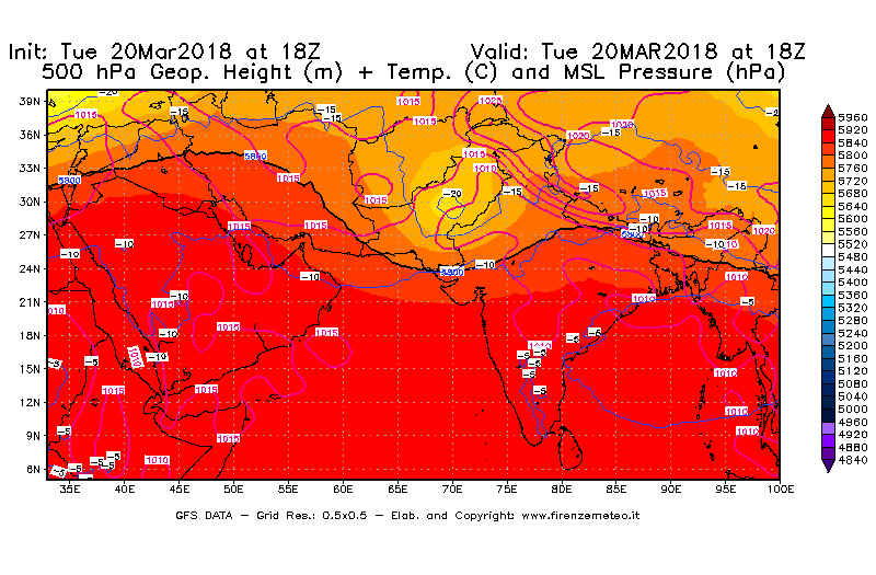Mappa di analisi GFS - Geopotenziale [m] + Temp. [°C] a 500 hPa + Press. a livello del mare [hPa] in Asia Sud-Occidentale
							del 20/03/2018 18 <!--googleoff: index-->UTC<!--googleon: index-->