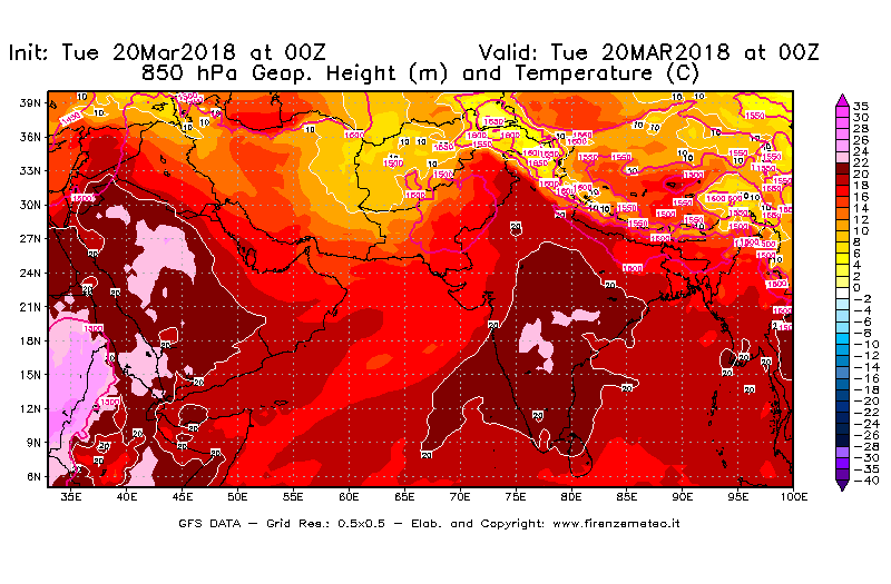 Mappa di analisi GFS - Geopotenziale [m] e Temperatura [°C] a 850 hPa in Asia Sud-Occidentale
							del 20/03/2018 00 <!--googleoff: index-->UTC<!--googleon: index-->