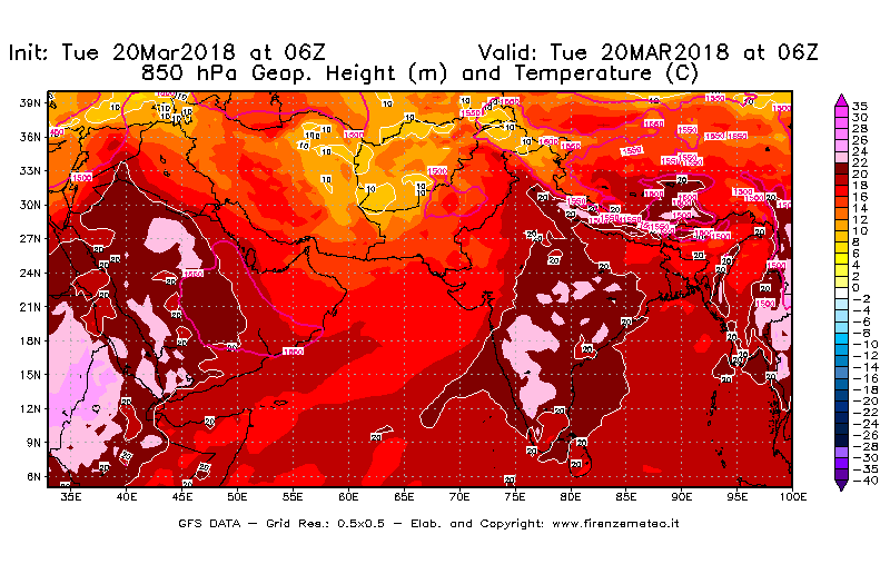 Mappa di analisi GFS - Geopotenziale [m] e Temperatura [°C] a 850 hPa in Asia Sud-Occidentale
							del 20/03/2018 06 <!--googleoff: index-->UTC<!--googleon: index-->