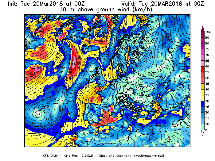 Mappa di analisi GFS - Velocità del vento a 10 metri dal suolo [km/h] in Europa
							del 20/03/2018 00 <!--googleoff: index-->UTC<!--googleon: index-->