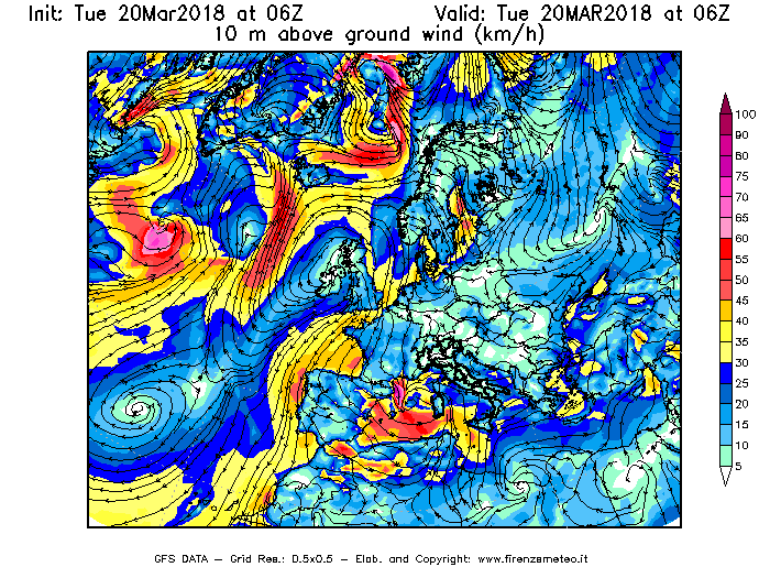 Mappa di analisi GFS - Velocità del vento a 10 metri dal suolo [km/h] in Europa
							del 20/03/2018 06 <!--googleoff: index-->UTC<!--googleon: index-->
