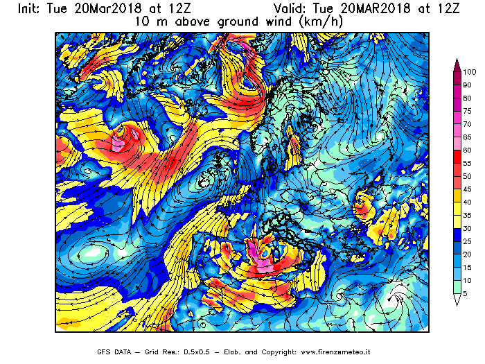Mappa di analisi GFS - Velocità del vento a 10 metri dal suolo [km/h] in Europa
							del 20/03/2018 12 <!--googleoff: index-->UTC<!--googleon: index-->
