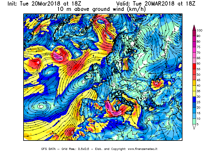 Mappa di analisi GFS - Velocità del vento a 10 metri dal suolo [km/h] in Europa
							del 20/03/2018 18 <!--googleoff: index-->UTC<!--googleon: index-->