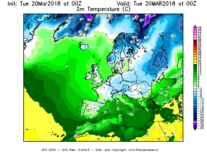 Mappa di analisi GFS - Temperatura a 2 metri dal suolo [°C] in Europa
							del 20/03/2018 00 <!--googleoff: index-->UTC<!--googleon: index-->
