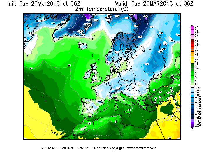 Mappa di analisi GFS - Temperatura a 2 metri dal suolo [°C] in Europa
							del 20/03/2018 06 <!--googleoff: index-->UTC<!--googleon: index-->