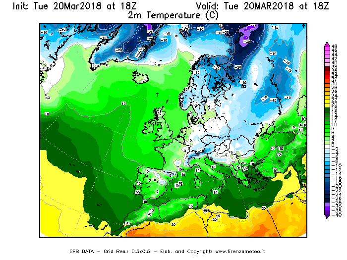 Mappa di analisi GFS - Temperatura a 2 metri dal suolo [°C] in Europa
							del 20/03/2018 18 <!--googleoff: index-->UTC<!--googleon: index-->