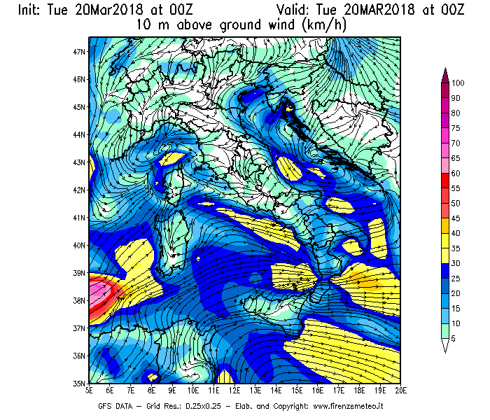 Mappa di analisi GFS - Velocità del vento a 10 metri dal suolo [km/h] in Italia
							del 20/03/2018 00 <!--googleoff: index-->UTC<!--googleon: index-->