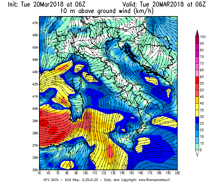 Mappa di analisi GFS - Velocità del vento a 10 metri dal suolo [km/h] in Italia
							del 20/03/2018 06 <!--googleoff: index-->UTC<!--googleon: index-->