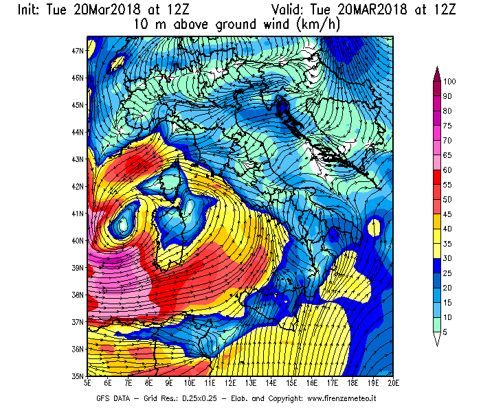 Mappa di analisi GFS - Velocità del vento a 10 metri dal suolo [km/h] in Italia
							del 20/03/2018 12 <!--googleoff: index-->UTC<!--googleon: index-->
