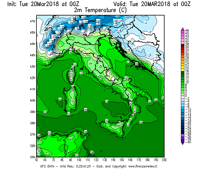 Mappa di analisi GFS - Temperatura a 2 metri dal suolo [°C] in Italia
							del 20/03/2018 00 <!--googleoff: index-->UTC<!--googleon: index-->