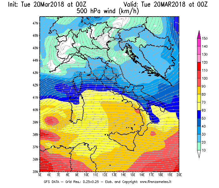 Mappa di analisi GFS - Velocità del vento a 500 hPa [km/h] in Italia
							del 20/03/2018 00 <!--googleoff: index-->UTC<!--googleon: index-->