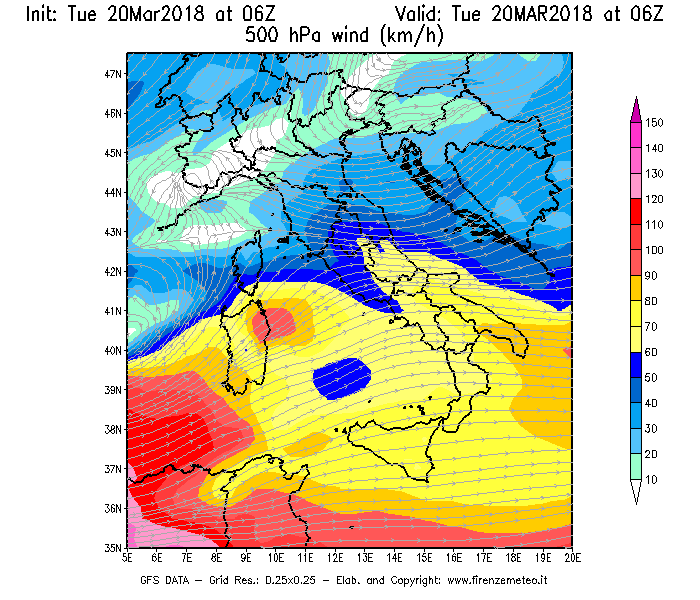Mappa di analisi GFS - Velocità del vento a 500 hPa [km/h] in Italia
							del 20/03/2018 06 <!--googleoff: index-->UTC<!--googleon: index-->
