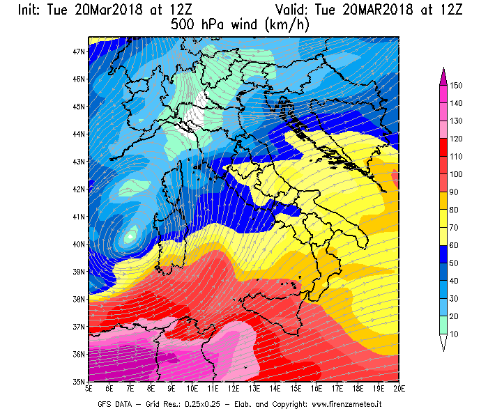 Mappa di analisi GFS - Velocità del vento a 500 hPa [km/h] in Italia
							del 20/03/2018 12 <!--googleoff: index-->UTC<!--googleon: index-->