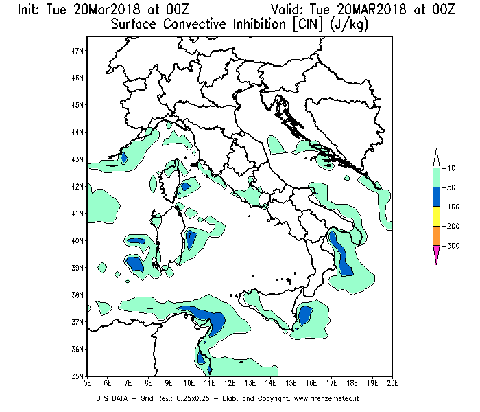 Mappa di analisi GFS - CIN [J/kg] in Italia
							del 20/03/2018 00 <!--googleoff: index-->UTC<!--googleon: index-->