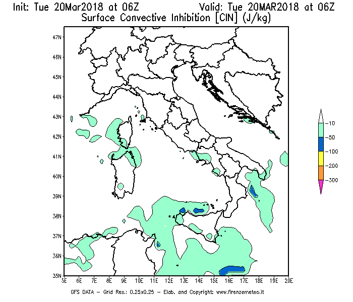 Mappa di analisi GFS - CIN [J/kg] in Italia
							del 20/03/2018 06 <!--googleoff: index-->UTC<!--googleon: index-->