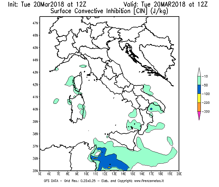 Mappa di analisi GFS - CIN [J/kg] in Italia
							del 20/03/2018 12 <!--googleoff: index-->UTC<!--googleon: index-->