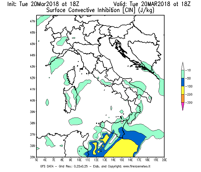 Mappa di analisi GFS - CIN [J/kg] in Italia
							del 20/03/2018 18 <!--googleoff: index-->UTC<!--googleon: index-->