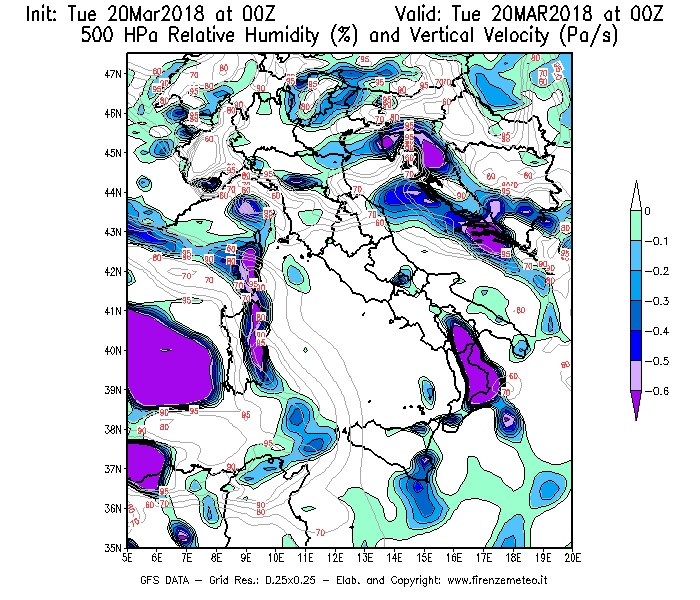 Mappa di analisi GFS - Umidità relativa [%] e Omega [Pa/s] a 500 hPa in Italia
							del 20/03/2018 00 <!--googleoff: index-->UTC<!--googleon: index-->
