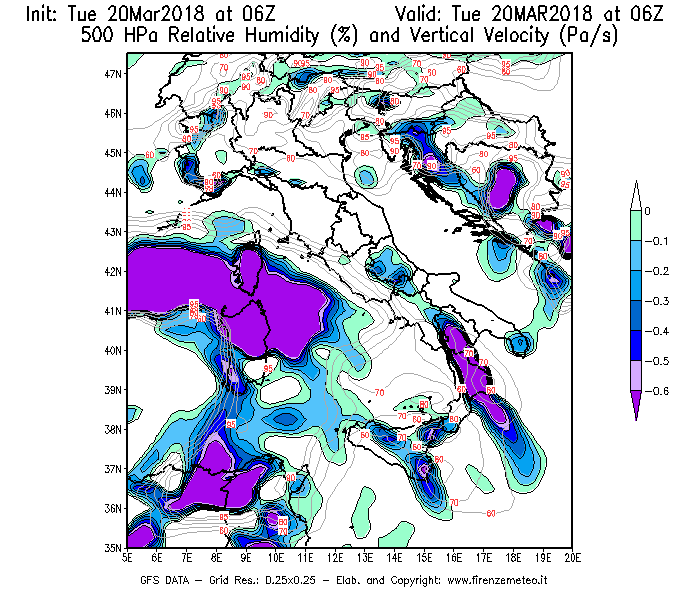 Mappa di analisi GFS - Umidità relativa [%] e Omega [Pa/s] a 500 hPa in Italia
							del 20/03/2018 06 <!--googleoff: index-->UTC<!--googleon: index-->