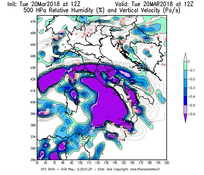 Mappa di analisi GFS - Umidità relativa [%] e Omega [Pa/s] a 500 hPa in Italia
							del 20/03/2018 12 <!--googleoff: index-->UTC<!--googleon: index-->