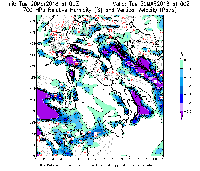 Mappa di analisi GFS - Umidità relativa [%] e Omega [Pa/s] a 700 hPa in Italia
							del 20/03/2018 00 <!--googleoff: index-->UTC<!--googleon: index-->