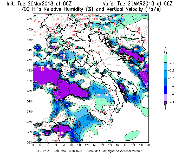 Mappa di analisi GFS - Umidità relativa [%] e Omega [Pa/s] a 700 hPa in Italia
							del 20/03/2018 06 <!--googleoff: index-->UTC<!--googleon: index-->