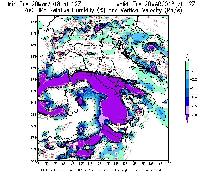 Mappa di analisi GFS - Umidità relativa [%] e Omega [Pa/s] a 700 hPa in Italia
							del 20/03/2018 12 <!--googleoff: index-->UTC<!--googleon: index-->
