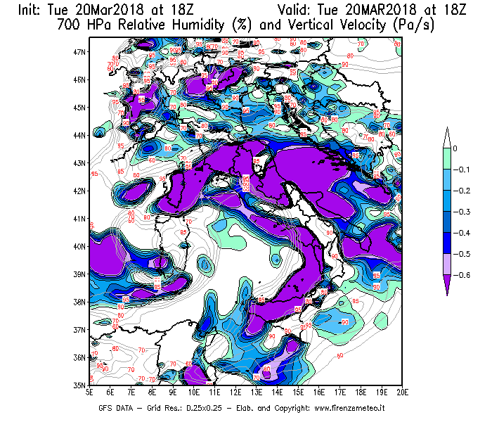 Mappa di analisi GFS - Umidità relativa [%] e Omega [Pa/s] a 700 hPa in Italia
							del 20/03/2018 18 <!--googleoff: index-->UTC<!--googleon: index-->