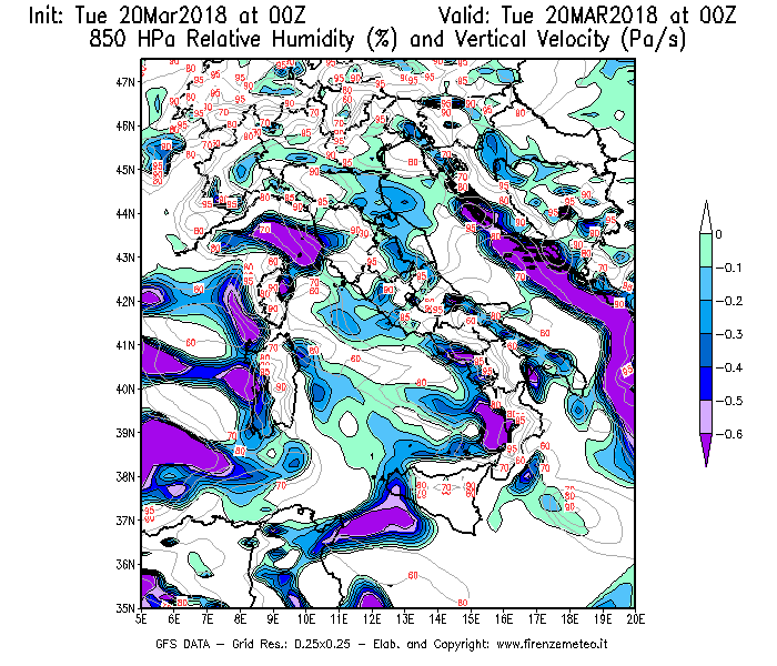 Mappa di analisi GFS - Umidità relativa [%] e Omega [Pa/s] a 850 hPa in Italia
							del 20/03/2018 00 <!--googleoff: index-->UTC<!--googleon: index-->