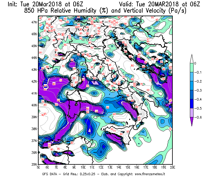 Mappa di analisi GFS - Umidità relativa [%] e Omega [Pa/s] a 850 hPa in Italia
							del 20/03/2018 06 <!--googleoff: index-->UTC<!--googleon: index-->