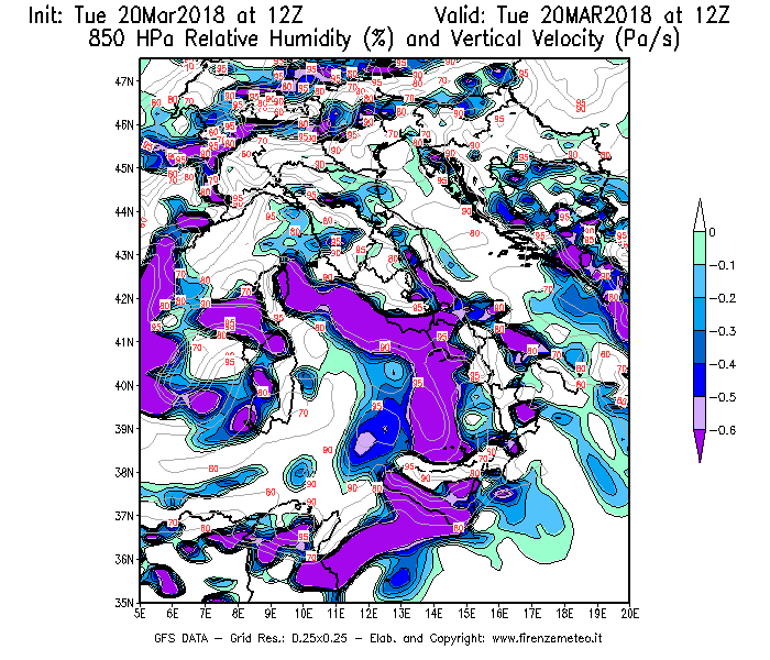 Mappa di analisi GFS - Umidità relativa [%] e Omega [Pa/s] a 850 hPa in Italia
							del 20/03/2018 12 <!--googleoff: index-->UTC<!--googleon: index-->
