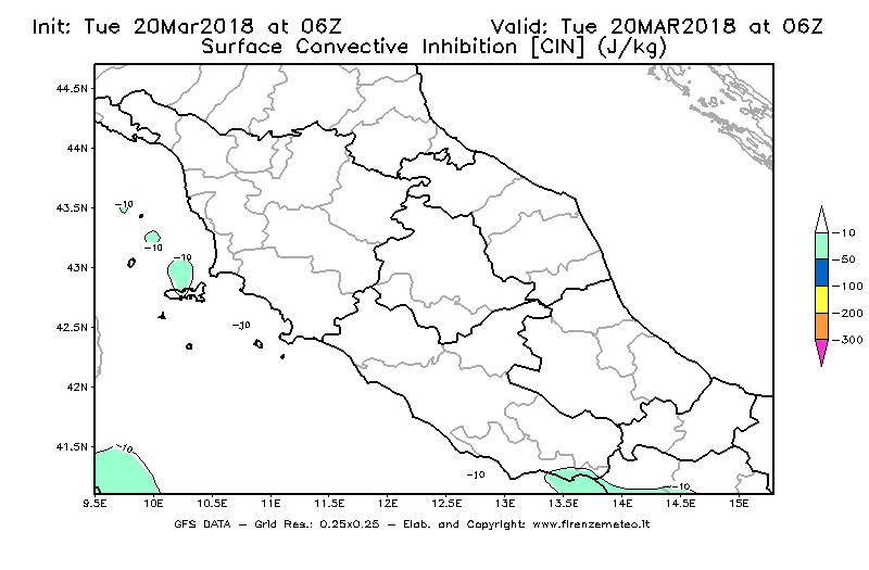 Mappa di analisi GFS - CIN [J/kg] in Centro-Italia
							del 20/03/2018 06 <!--googleoff: index-->UTC<!--googleon: index-->