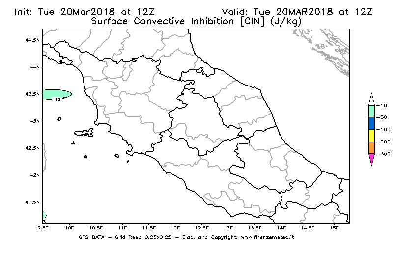 Mappa di analisi GFS - CIN [J/kg] in Centro-Italia
							del 20/03/2018 12 <!--googleoff: index-->UTC<!--googleon: index-->
