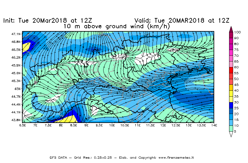 Mappa di analisi GFS - Velocità del vento a 10 metri dal suolo [km/h] in Nord-Italia
							del 20/03/2018 12 <!--googleoff: index-->UTC<!--googleon: index-->