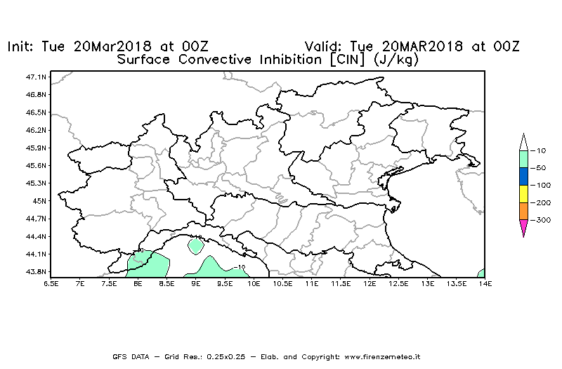 Mappa di analisi GFS - CIN [J/kg] in Nord-Italia
							del 20/03/2018 00 <!--googleoff: index-->UTC<!--googleon: index-->