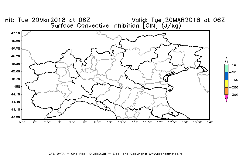 Mappa di analisi GFS - CIN [J/kg] in Nord-Italia
							del 20/03/2018 06 <!--googleoff: index-->UTC<!--googleon: index-->