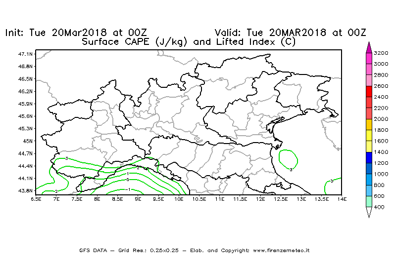 Mappa di analisi GFS - CAPE [J/kg] e Lifted Index [°C] in Nord-Italia
							del 20/03/2018 00 <!--googleoff: index-->UTC<!--googleon: index-->
