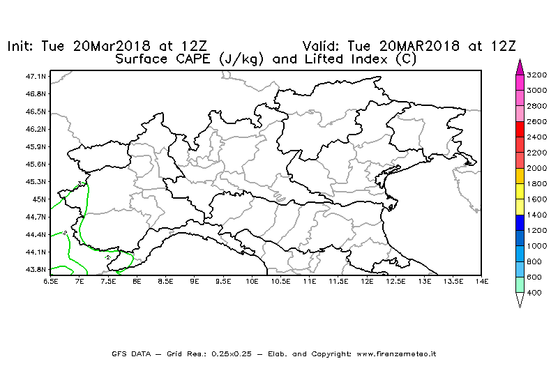 Mappa di analisi GFS - CAPE [J/kg] e Lifted Index [°C] in Nord-Italia
							del 20/03/2018 12 <!--googleoff: index-->UTC<!--googleon: index-->