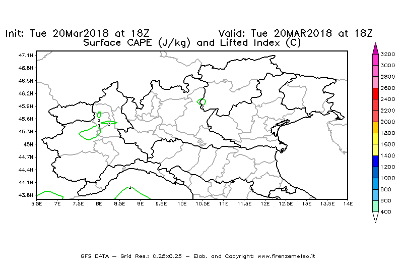 Mappa di analisi GFS - CAPE [J/kg] e Lifted Index [°C] in Nord-Italia
							del 20/03/2018 18 <!--googleoff: index-->UTC<!--googleon: index-->