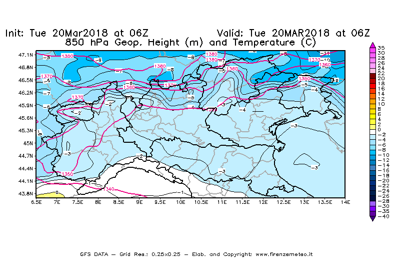 Mappa di analisi GFS - Geopotenziale [m] e Temperatura [°C] a 850 hPa in Nord-Italia
							del 20/03/2018 06 <!--googleoff: index-->UTC<!--googleon: index-->