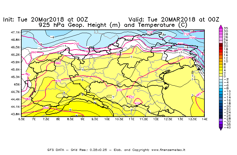 Mappa di analisi GFS - Geopotenziale [m] e Temperatura [°C] a 925 hPa in Nord-Italia
							del 20/03/2018 00 <!--googleoff: index-->UTC<!--googleon: index-->