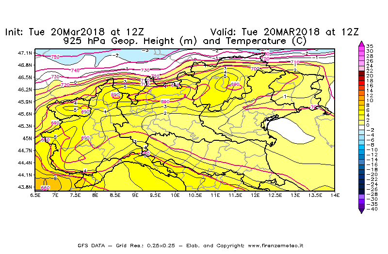 Mappa di analisi GFS - Geopotenziale [m] e Temperatura [°C] a 925 hPa in Nord-Italia
							del 20/03/2018 12 <!--googleoff: index-->UTC<!--googleon: index-->