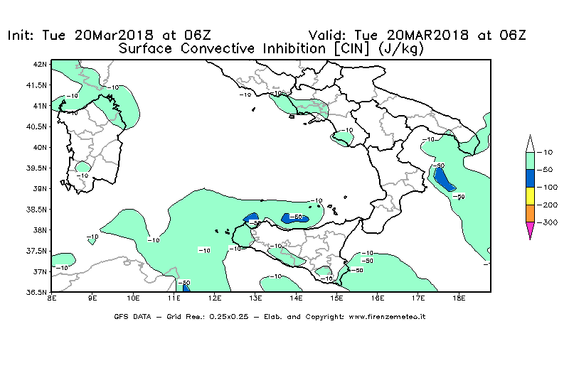 Mappa di analisi GFS - CIN [J/kg] in Sud-Italia
							del 20/03/2018 06 <!--googleoff: index-->UTC<!--googleon: index-->