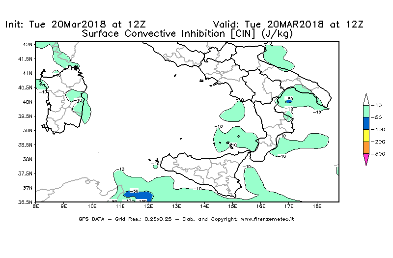 Mappa di analisi GFS - CIN [J/kg] in Sud-Italia
							del 20/03/2018 12 <!--googleoff: index-->UTC<!--googleon: index-->
