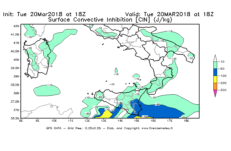 Mappa di analisi GFS - CIN [J/kg] in Sud-Italia
							del 20/03/2018 18 <!--googleoff: index-->UTC<!--googleon: index-->