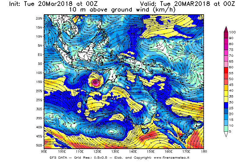 Mappa di analisi GFS - Velocità del vento a 10 metri dal suolo [km/h] in Oceania
							del 20/03/2018 00 <!--googleoff: index-->UTC<!--googleon: index-->