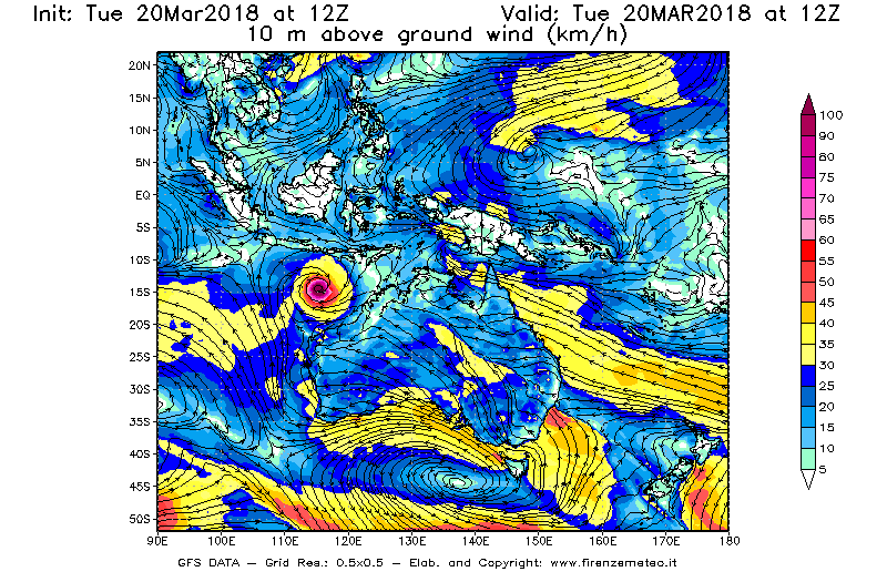 Mappa di analisi GFS - Velocità del vento a 10 metri dal suolo [km/h] in Oceania
							del 20/03/2018 12 <!--googleoff: index-->UTC<!--googleon: index-->