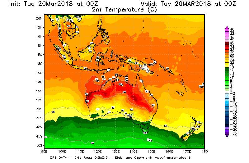 Mappa di analisi GFS - Temperatura a 2 metri dal suolo [°C] in Oceania
							del 20/03/2018 00 <!--googleoff: index-->UTC<!--googleon: index-->