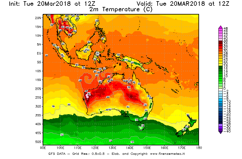Mappa di analisi GFS - Temperatura a 2 metri dal suolo [°C] in Oceania
							del 20/03/2018 12 <!--googleoff: index-->UTC<!--googleon: index-->