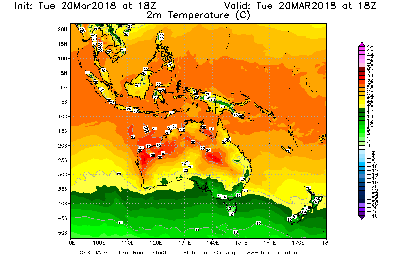 Mappa di analisi GFS - Temperatura a 2 metri dal suolo [°C] in Oceania
							del 20/03/2018 18 <!--googleoff: index-->UTC<!--googleon: index-->